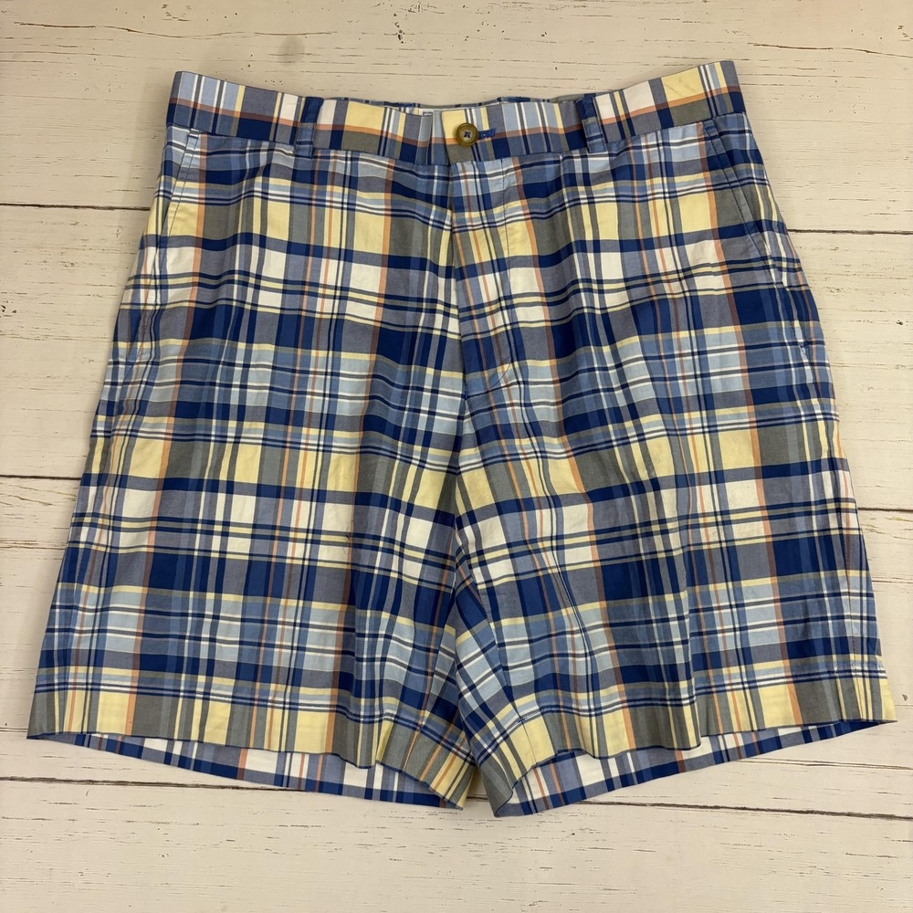 Southern Tide Chino Shorts Mens 32 Blue Plaid Stretch Flat Front 9in Inseam
